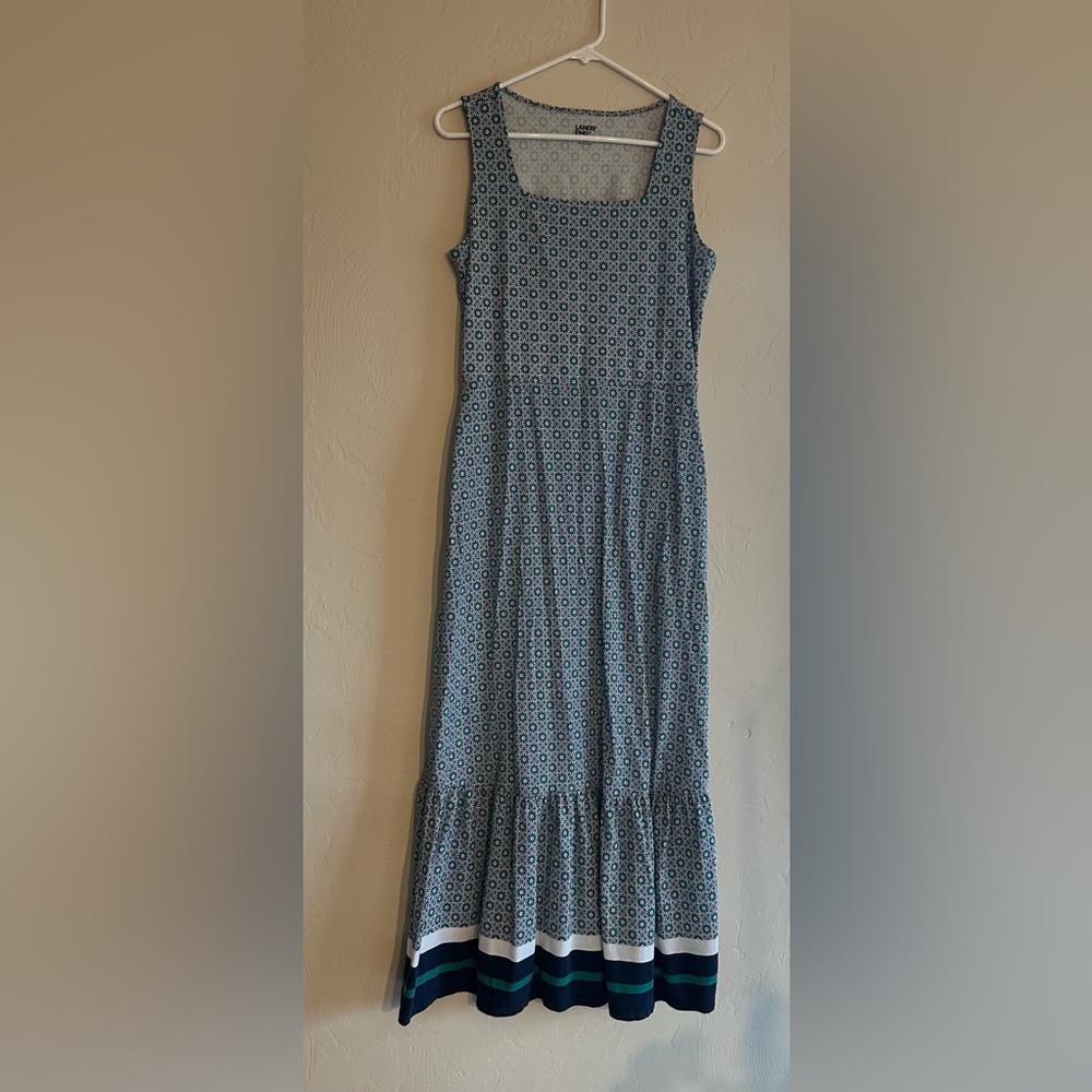 Lands' End Blue Floral Maxi Dress with Striped Hem